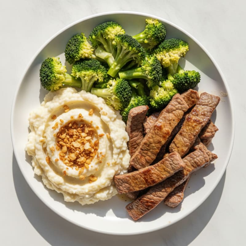 Seared Lean Beef Strips with Steamed Broccoli and Cauliflower Mash