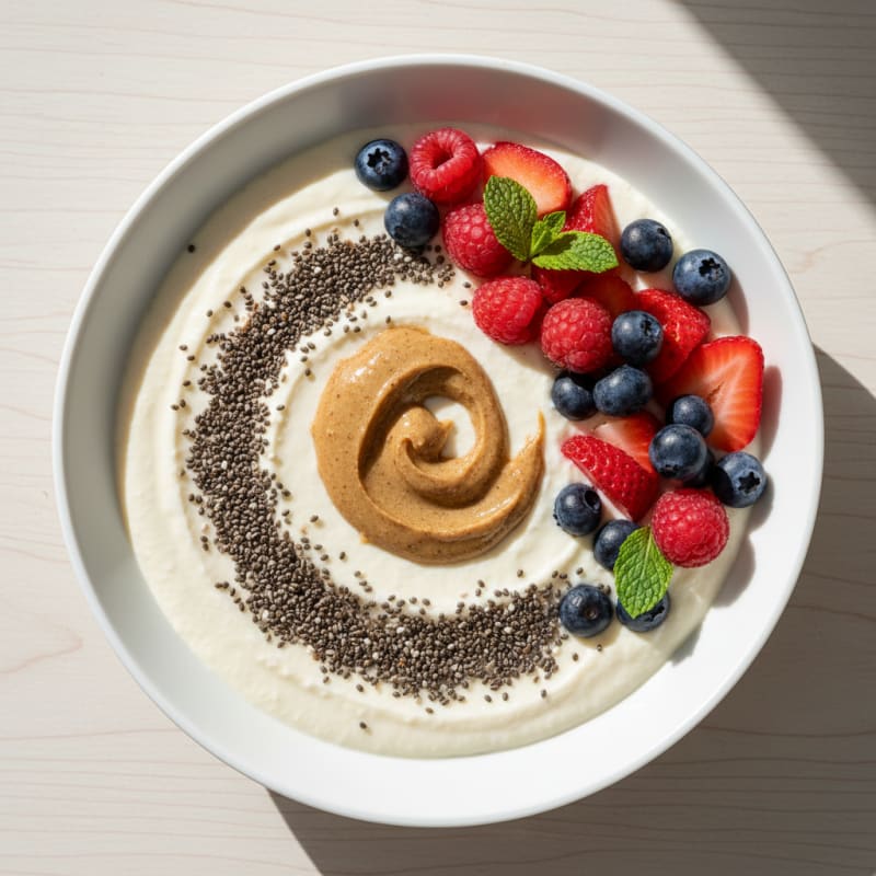 Silky Tofu Protein Smoothie Bowl with Chia Seeds and Almond Butter