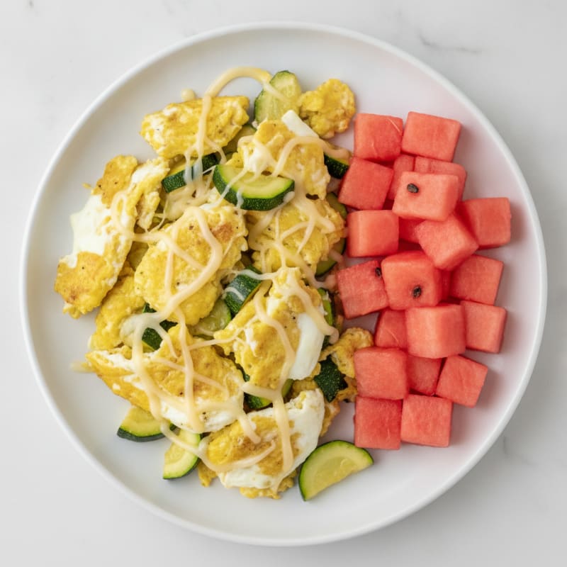 Egg and Zucchini Scramble with String Cheese