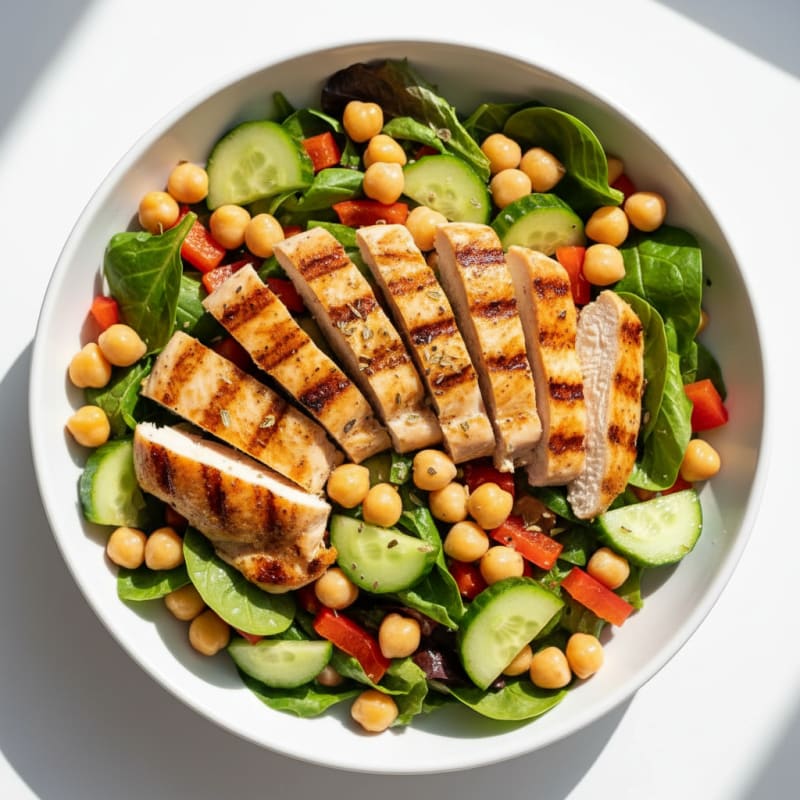 Grilled Chicken Breast Salad with Chickpeas and Crunchy Vegetables