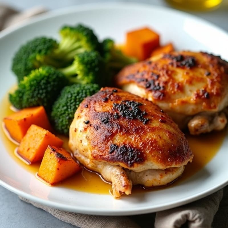 Crispy Roasted Chicken Thighs with Sweet Potatoes and Broccoli