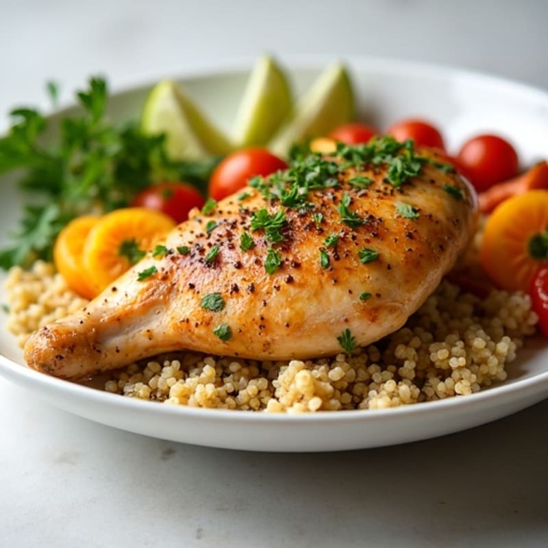 Roasted Lemon-Herb Chicken with Quinoa and Crispy Roasted Vegetables