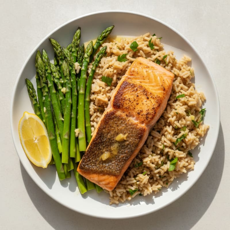 Pan-Seared Salmon with Herbed Rice and Steamed Greens