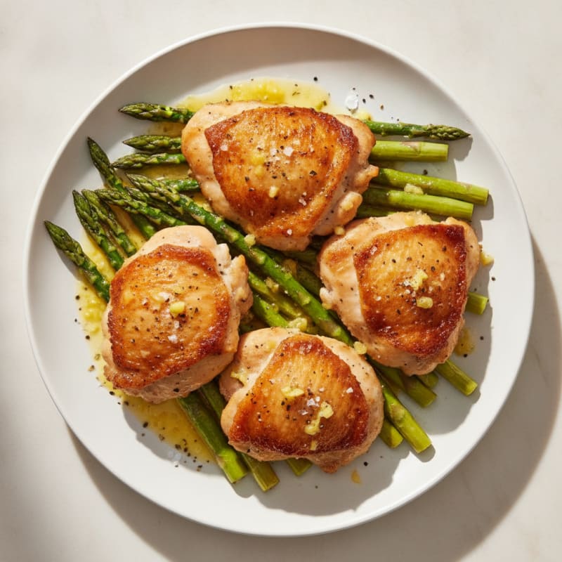 Roasted Asparagus with Lemon-Garlic Dressing and Chicken Thighs