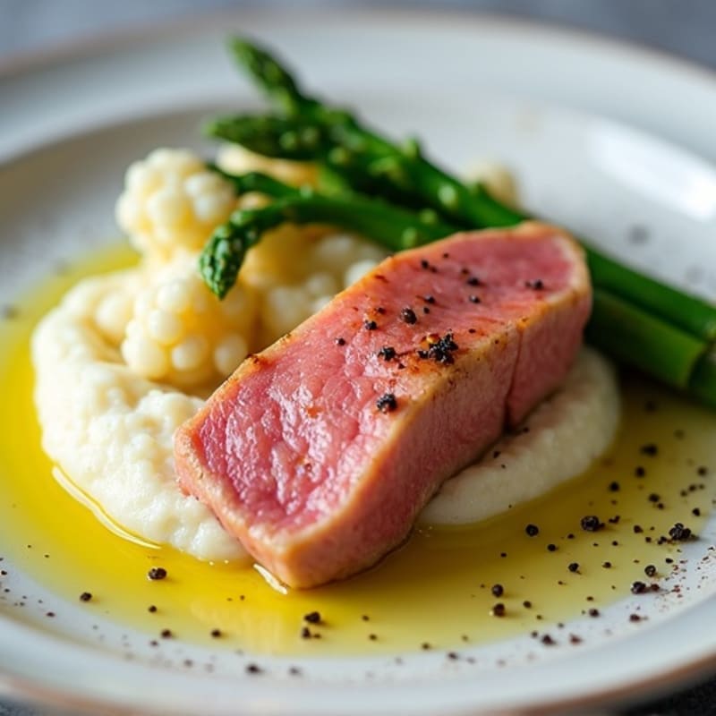 Seared Tuna Steak with Steamed Asparagus and Cauliflower Mash