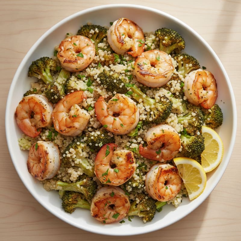 Grilled Shrimp and Quinoa Salad with Roasted Broccoli