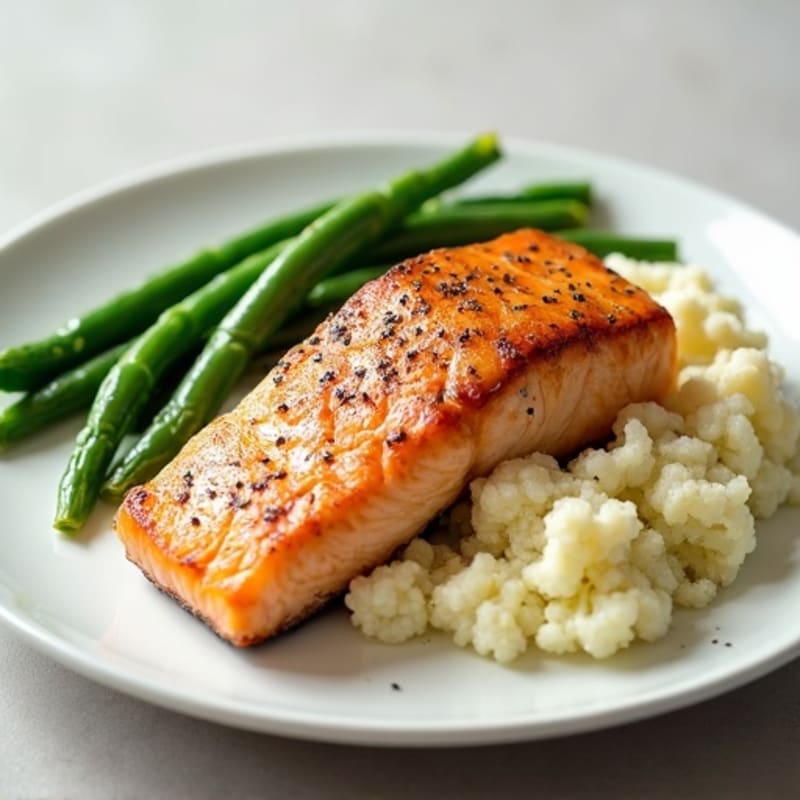 Seared Salmon with Steamed Green Beans and Garlic Mashed Cauliflower