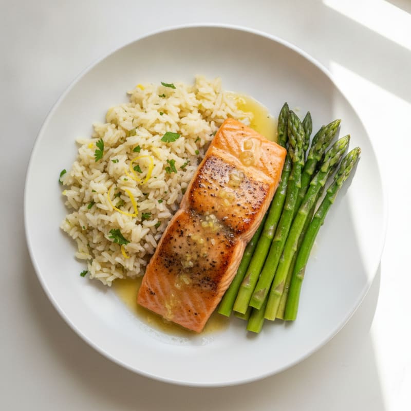 Seared Salmon with Steamed Asparagus and Lemon Rice