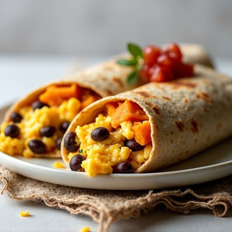 Scrambled Egg, Black Bean, and Roasted Sweet Potato Burrito