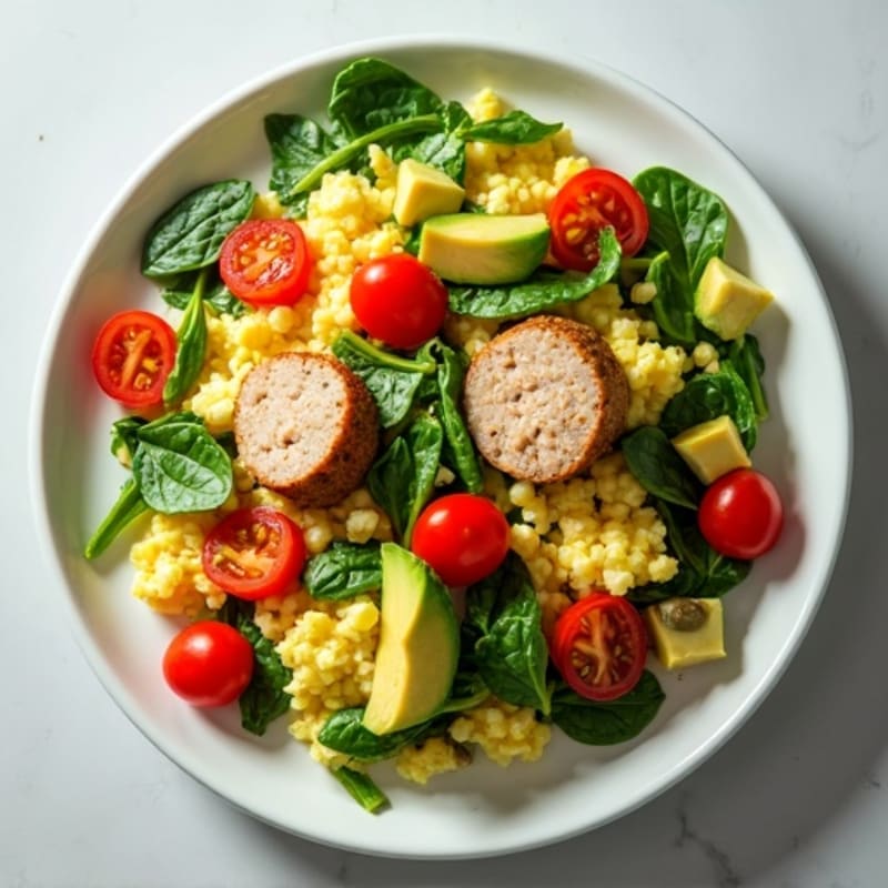 Egg White and Turkey Sausage Scramble with Spinach and Cherry Tomatoes