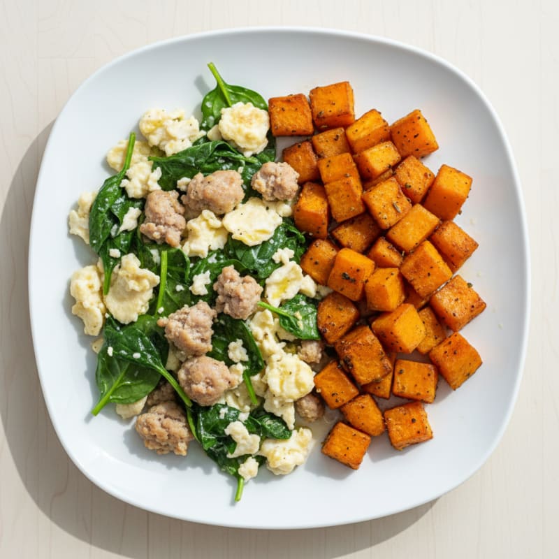 Egg White and Turkey Sausage Scramble with Spinach and Roasted Sweet Potato