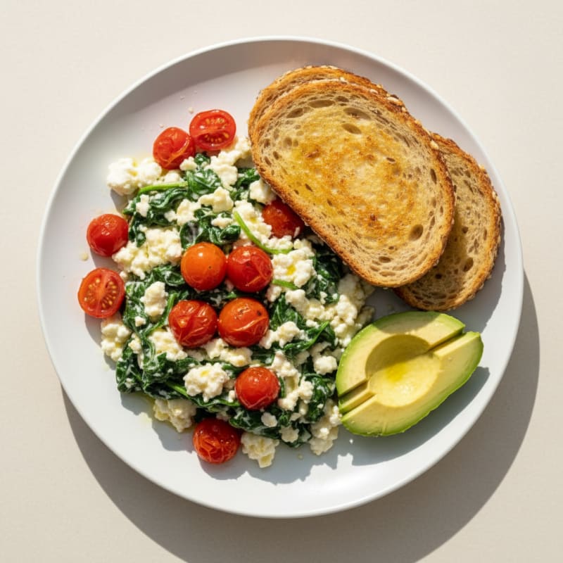 Egg White and Cottage Cheese Scramble with Spinach and Cherry Tomatoes
