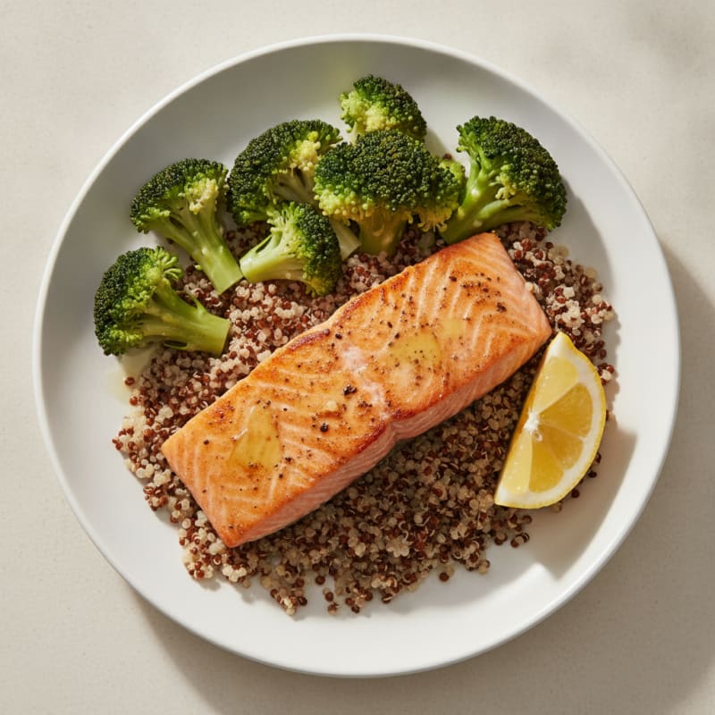 Seared Salmon with Steamed Broccoli and Quinoa
