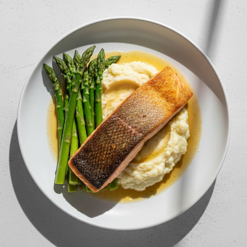 Seared Salmon with Steamed Asparagus and Garlic Mashed Cauliflower