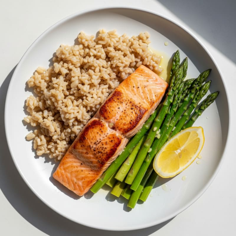 Seared Salmon with Steamed Asparagus and Brown Rice