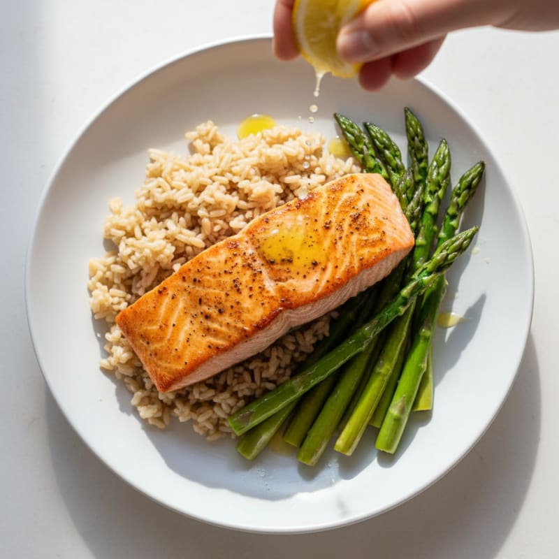 Seared Salmon with Steamed Asparagus and Brown Rice