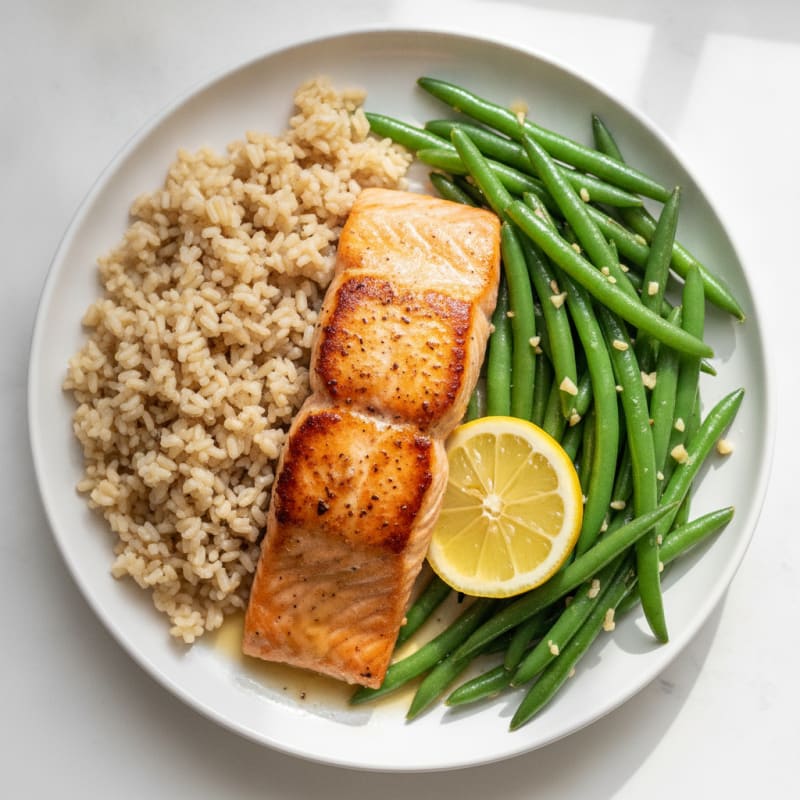 Seared Salmon with Garlic Green Beans and Brown Rice