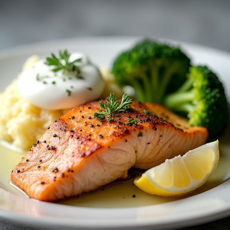 Seared Salmon with Roasted Broccoli and Garlic Mashed Potatoes