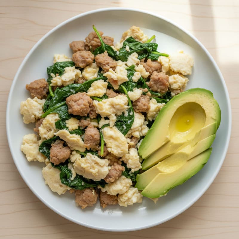 Scrambled Egg Whites with Turkey Sausage and Sautéed Spinach