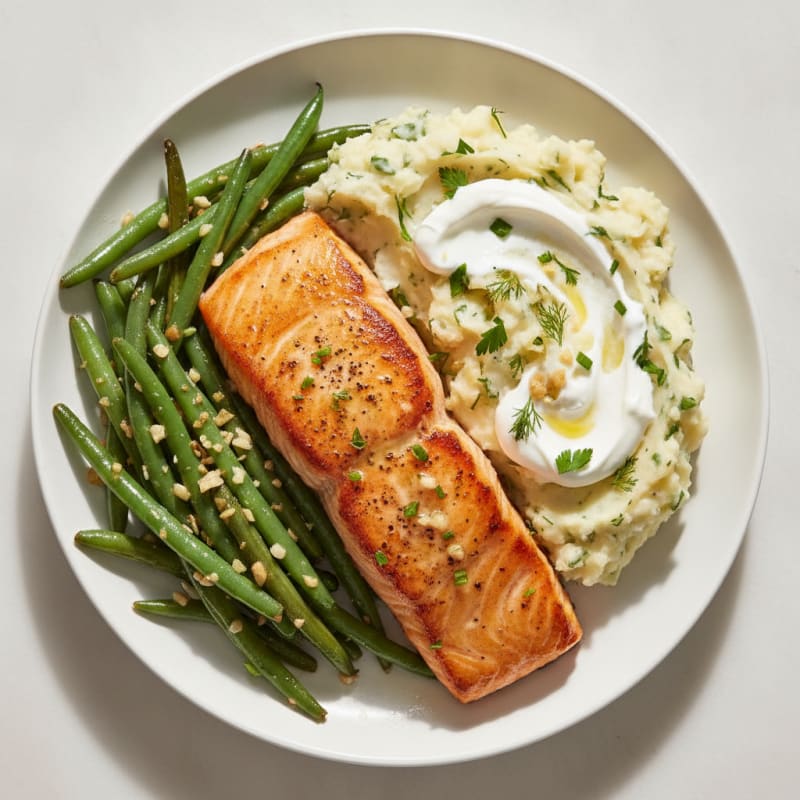 Seared Salmon with Garlic Green Beans and Herb Mashed Potatoes