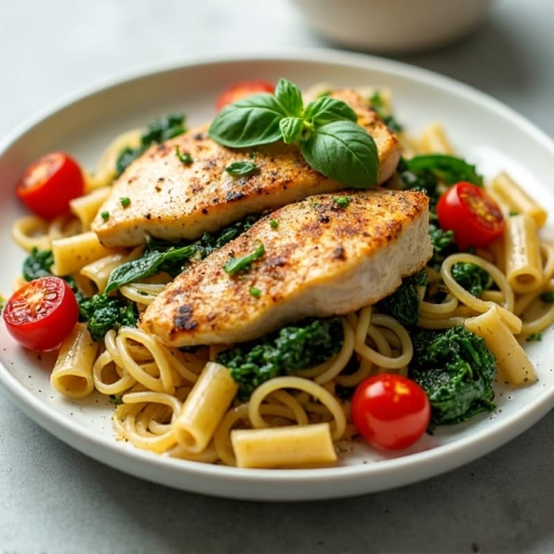 Chicken Pesto Pasta with Fresh Spinach and Blistered Cherry Tomatoes