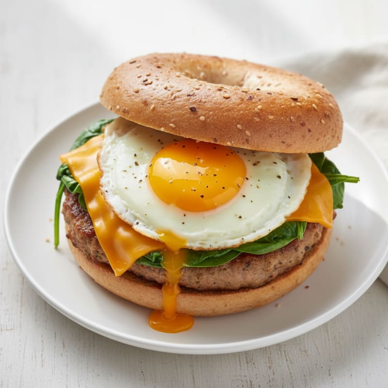 Egg and Turkey Sausage Breakfast Sandwich with Spinach and Cheddar
