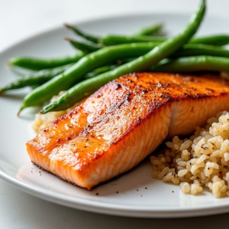 Seared Salmon with Steamed Green Beans and Brown Rice