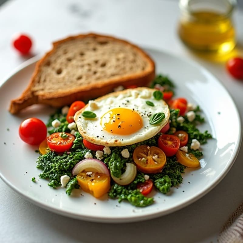 Egg White Veggie Scramble with Sautéed Spinach and Toast
