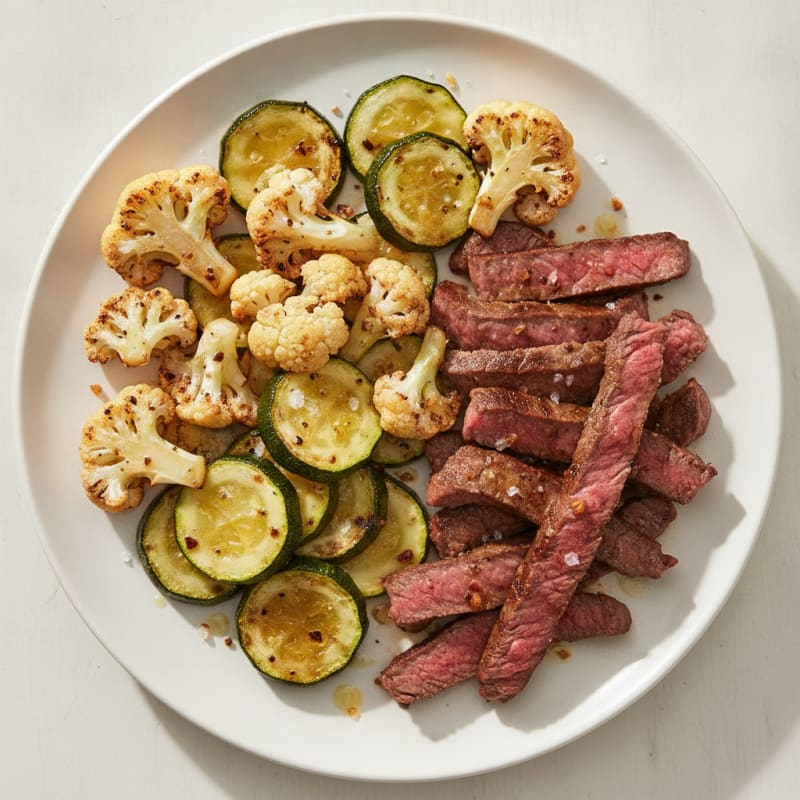 Seared Lean Beef Strips with Roasted Cauliflower and Zucchini
