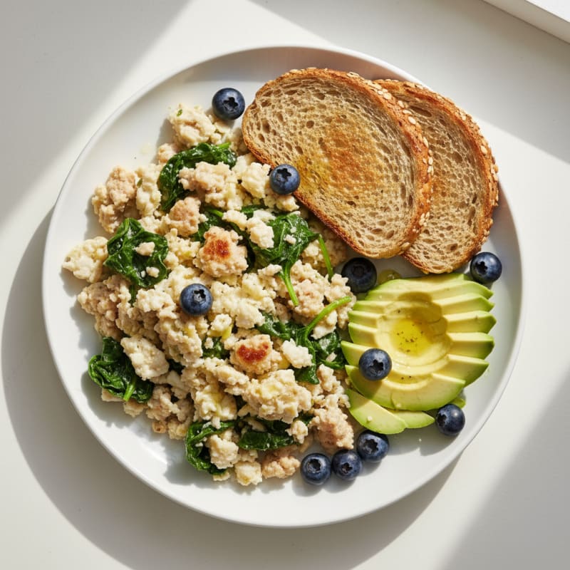 Egg White and Turkey Sausage Scramble with Spinach and Avocado