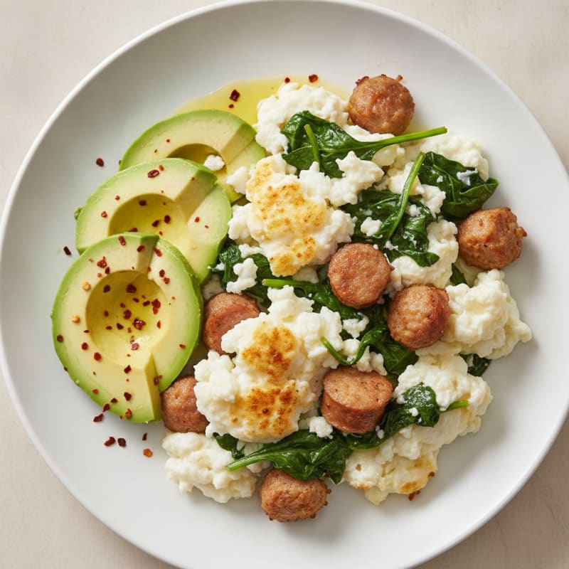 Egg White Scramble with Turkey Sausage and Sautéed Spinach