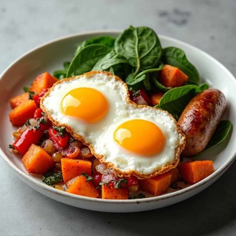 Crispy Sweet Potato Hash with Fried Eggs and Turkey Sausage