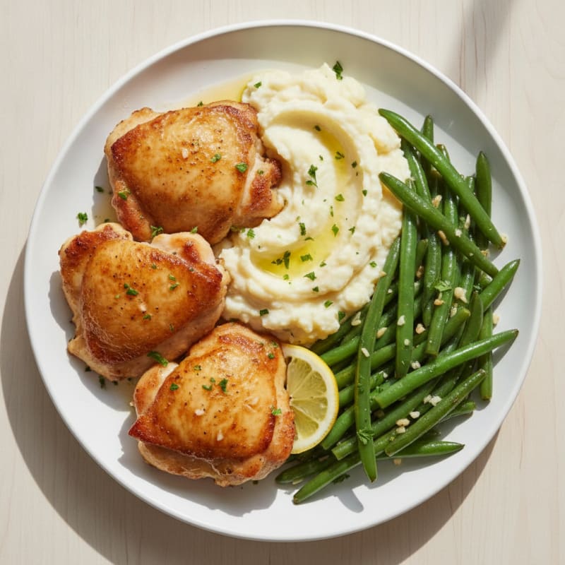 Seared Chicken Thighs with Garlic Green Beans and Mashed Cauliflower
