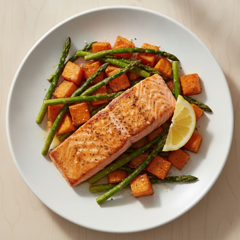 Seared Salmon Fillet with Roasted Sweet Potatoes and Asparagus