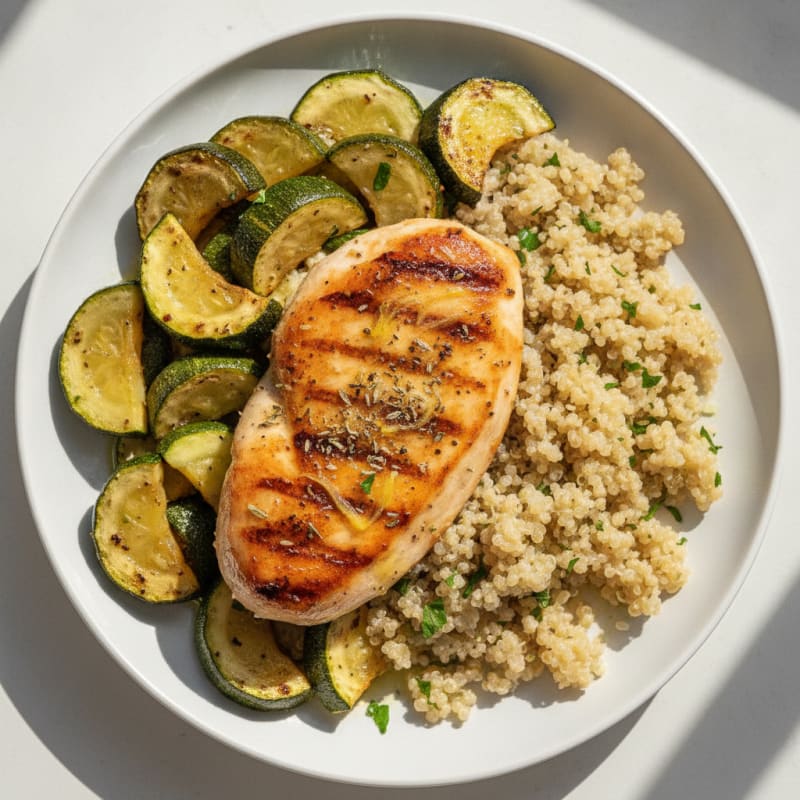 Seared Chicken Breast with Roasted Zucchini and Quinoa
