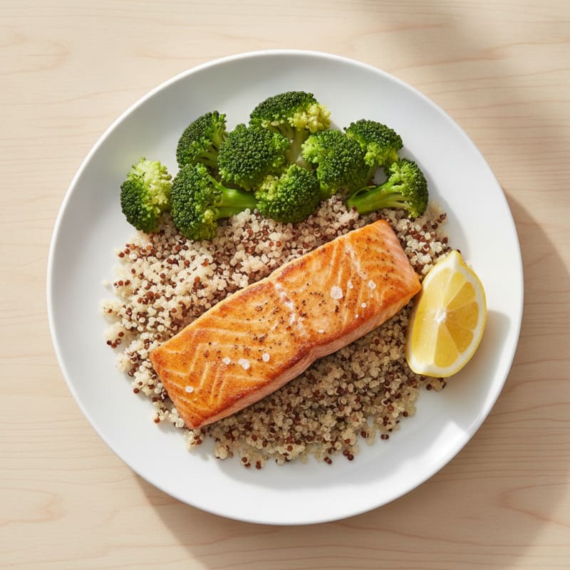 Seared Salmon with Steamed Broccoli and Quinoa