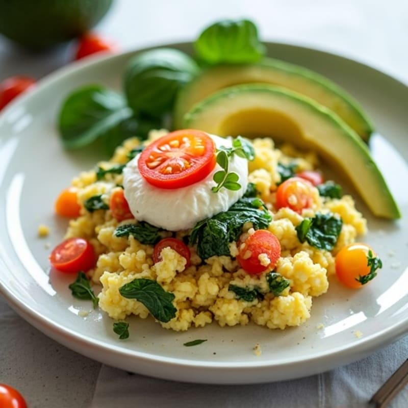 Egg White Spinach Scramble with Cottage Cheese and Tomatoes
