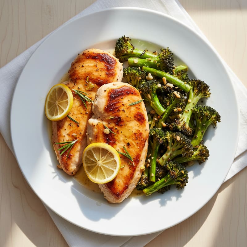 Seared Lemon Herb Chicken Breast with Roasted Broccoli