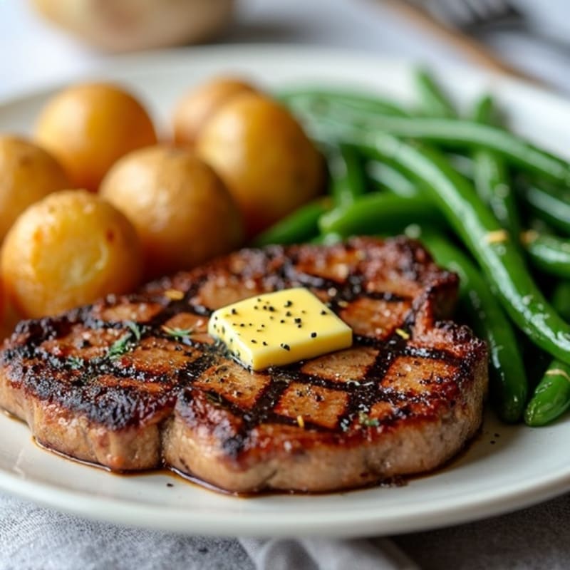 Pan-Seared Garlic Butter Steak with Roasted Potatoes and Tender Green Beans
