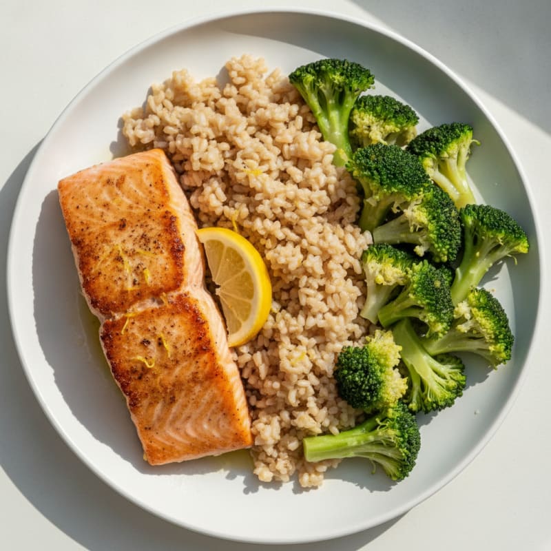 Seared Salmon with Steamed Broccoli and Brown Rice
