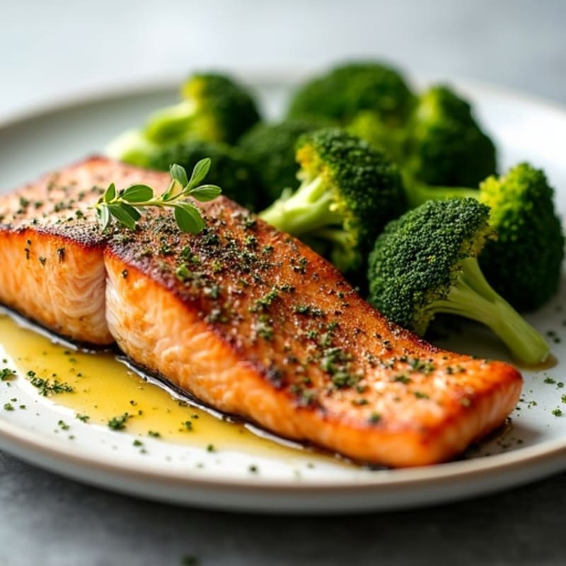 Herb-Crusted Pan Seared Salmon with Roasted Broccoli