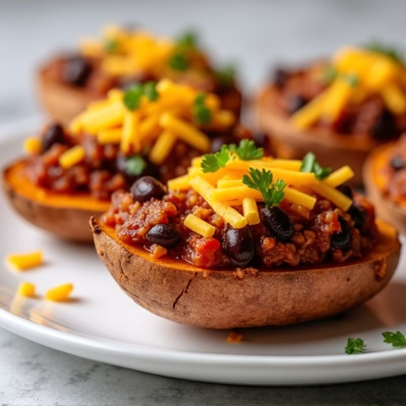 Crispy Sweet Potato Skins with Lean Turkey Chili and Sharp Cheddar