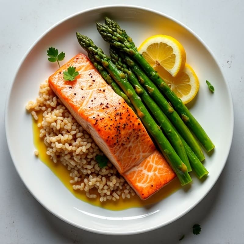 Seared Salmon with Steamed Asparagus and Brown Rice