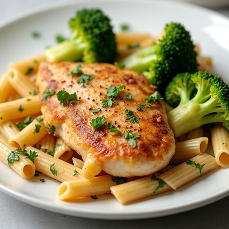 Tender Chicken and Crispy Broccoli Whole Wheat Pasta with Zesty Lemon-Garlic Sauce