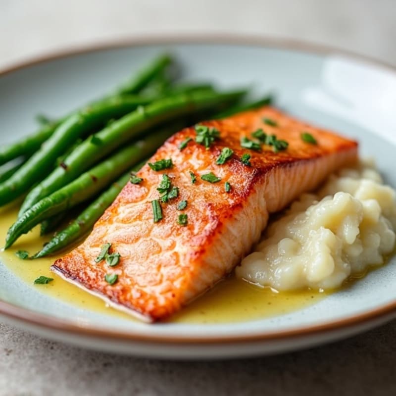 Seared Salmon Fillet with Garlic Green Beans and Cauliflower Mash