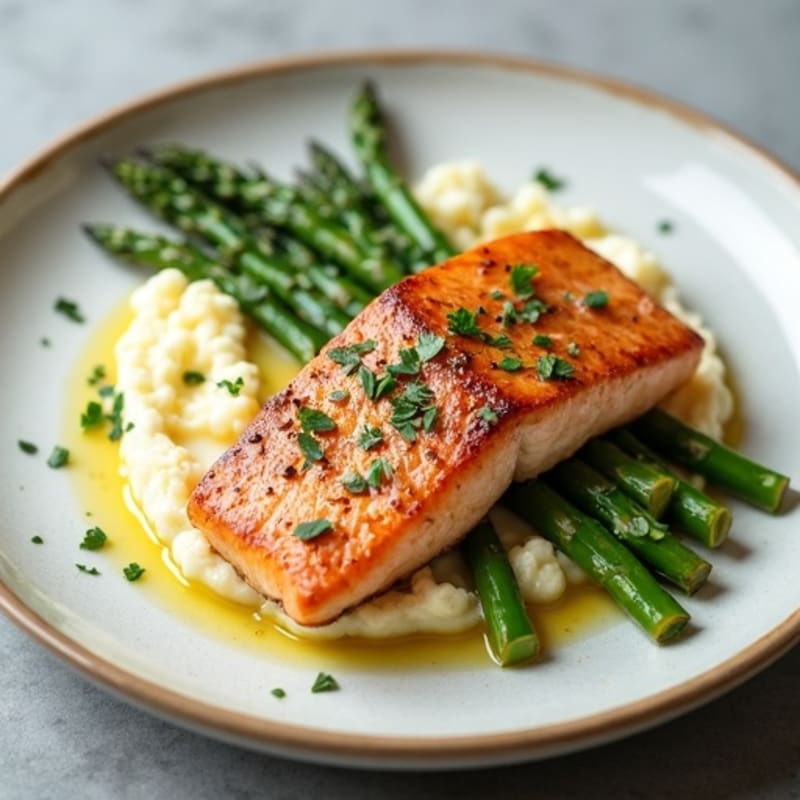 Seared Salmon with Steamed Asparagus and Cauliflower Mash