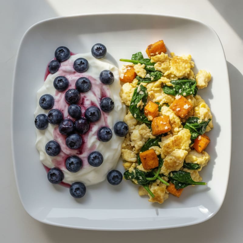 Blueberry Greek Yogurt Protein Parfait with Egg White Scramble