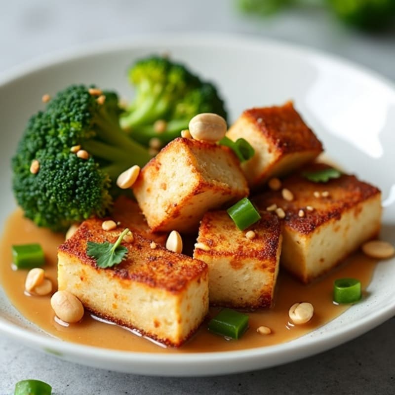 Crispy Tofu with Roasted Broccoli and Peanut Sauce