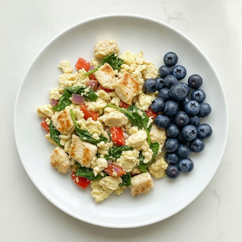 Egg White and Chicken Veggie Scramble with Fresh Berries