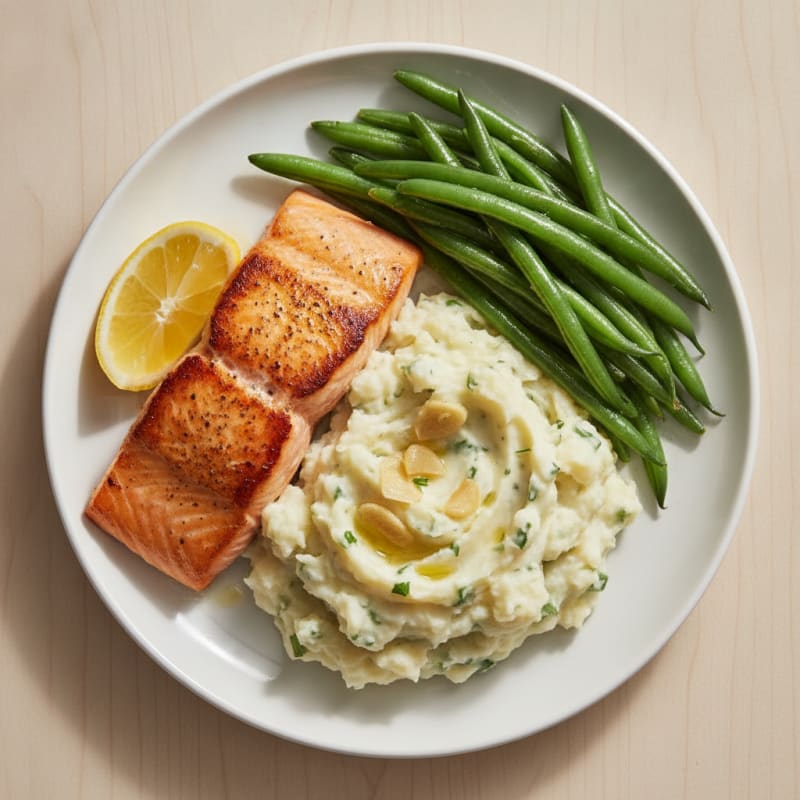 Seared Salmon with Steamed Green Beans and Garlic Mashed Potatoes